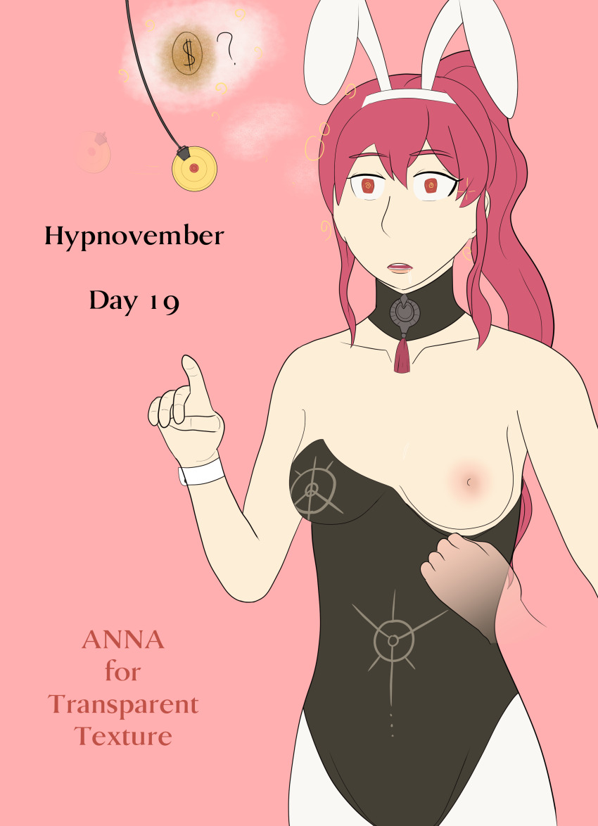 anna_(fire_emblem) breasts bunny_girl bunnysuit clothed_exposure confused confuzzled fire_emblem fire_emblem_three_houses hypnovember nintendo nipples one_breast_out pendulum red_eyes red_hair spiral_eyes symbol_in_eyes