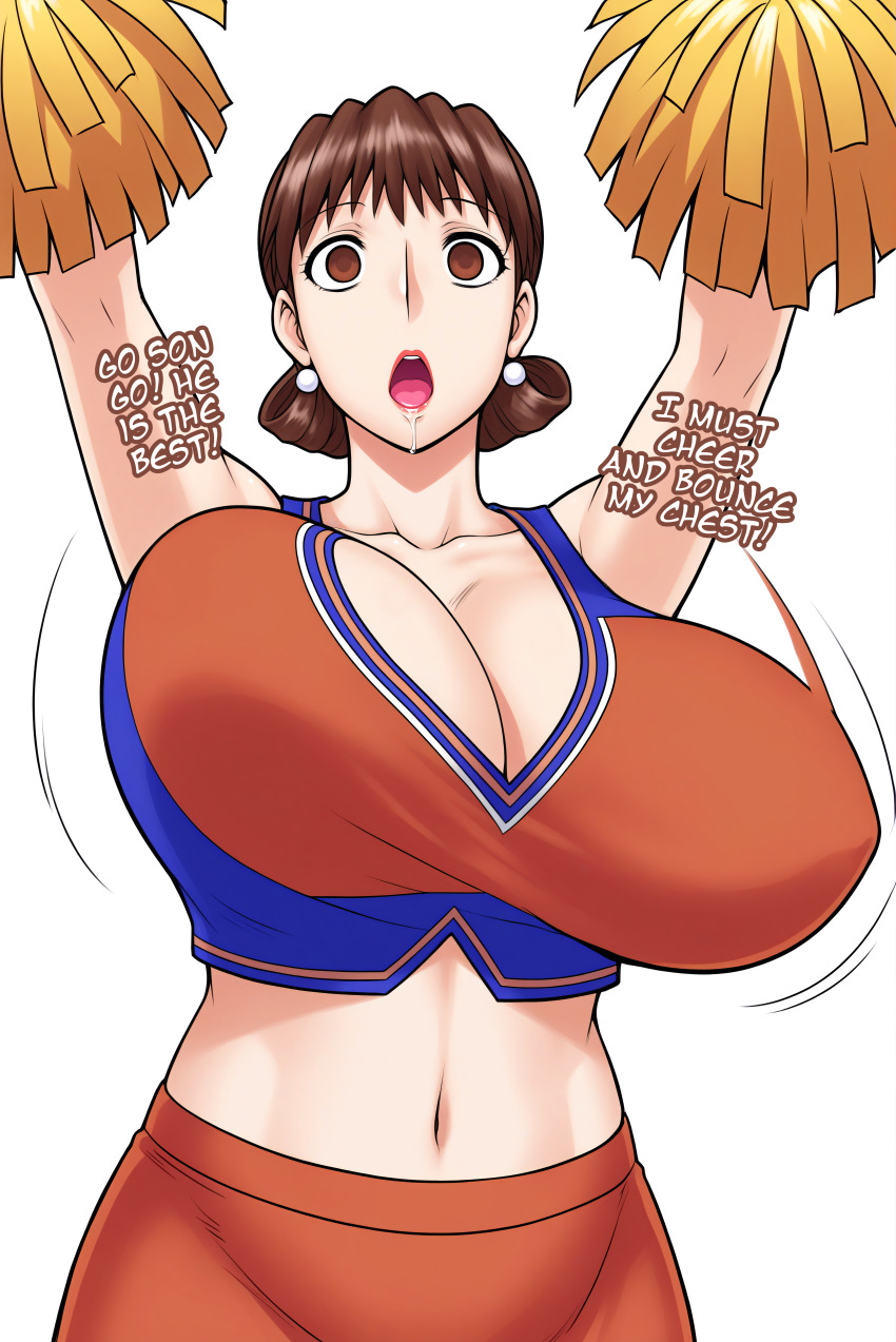 ai_art bouncing_breasts breasts brown_eyes brown_hair cheerleader cleavage collarbone drool earrings empty_eyes expressionless female_only femsub huge_breasts lipstick maledom manip midriff milf minimimic_(generator) minimimic_(manipper) mom_(jinsuke) mom_is_my_doll mother_and_son navel open_mouth short_hair simple_background skirt stable_diffusion_(ai) text white_background