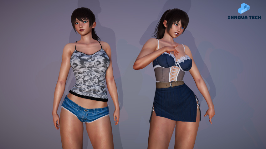 3d absurdres ayoku_(ceaun5x5) bare_shoulders before_and_after belt belted_skirt blue_eyes brown_hair ceaun5x5 cleavage collarbone female_only femsub happy_trance jean_shorts original red_lipstick short_hair skirt solo thick_thighs tomboy