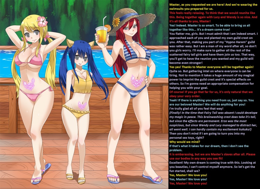 bikini blue_hair blush breasts caption erza_scarlet fairy_tail femsub happy_trance hypnotic_tattoo large_breasts large_hips long_hair lucy_heartfilia magic maledom manip misterman4_(manipper) multiple_girls multiple_subs planeptune red_hair sandals small_breasts smile spiral_eyes swimsuit symbol_in_eyes tattoo text twintails wendy_marvell