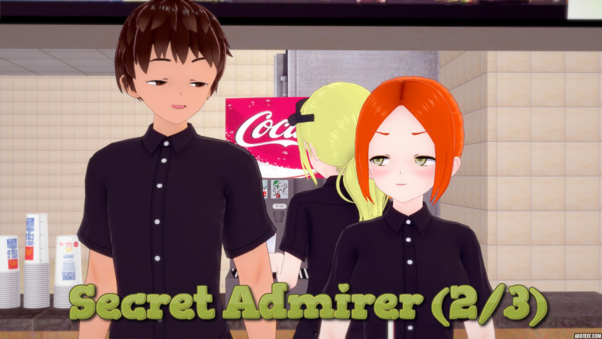 aware blonde_hair brown_eyes brown_hair clothed cover english_text multiple_girls original red_hair short_hair tan_skin text yellow_eyes zenin1