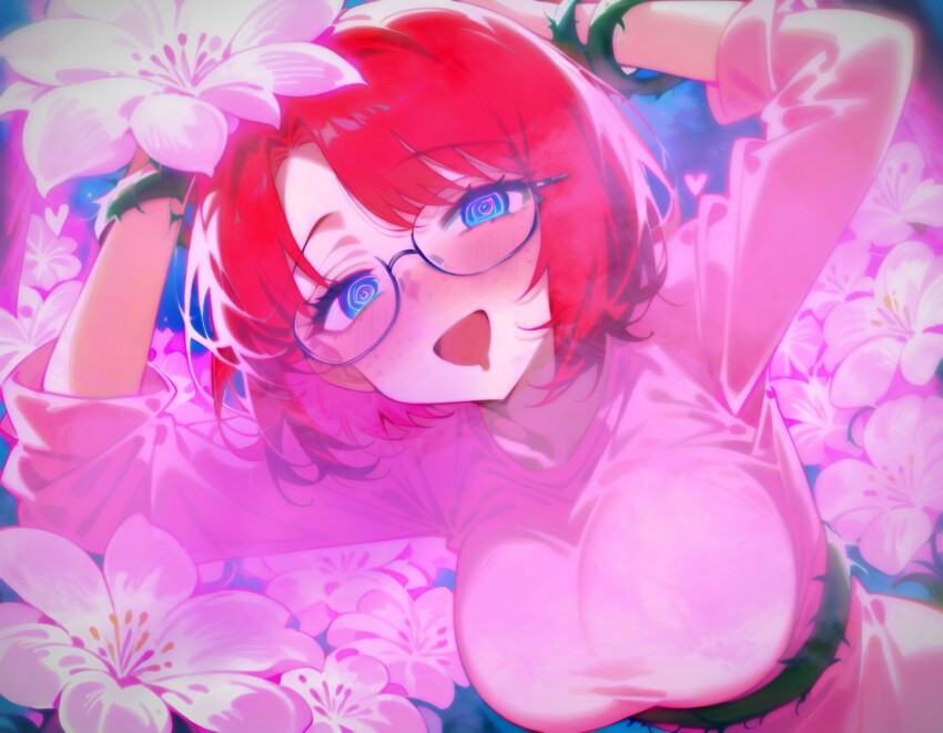 ai_art arms_above_head blue_eyes blush bondage female_only femsub flower glasses hypnotic_gas jinio_(generator) open_mouth plant red_hair restrained shirt short_hair symbol symbol_in_eyes vines yodayo_(ai)