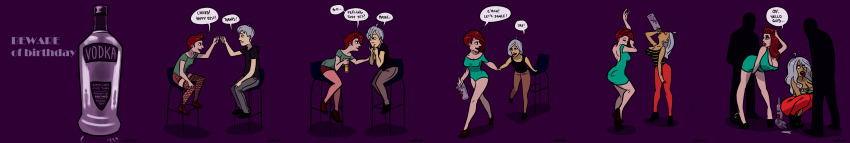 absurdres bimbofication breast_expansion comic dancing drinking drunk from_behind green_hair grey_hair huge_lips hypnotic_drink original red_hair sitting sortimid speech_bubble text tongue tongue_out transformation transgender twerk