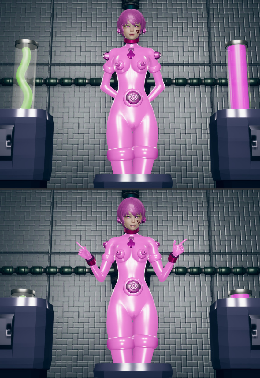 3d alternate_color_scheme alternate_costume alternate_hair_color arms_behind_back bodysuit breasts cameltoe catsuit collar comic female_only femsub happy_trance honey_select_2 latex murochi-san open_mouth original pink_eyes pink_hair rubber short_hair smile solo standing tentacles tongue tongue_out