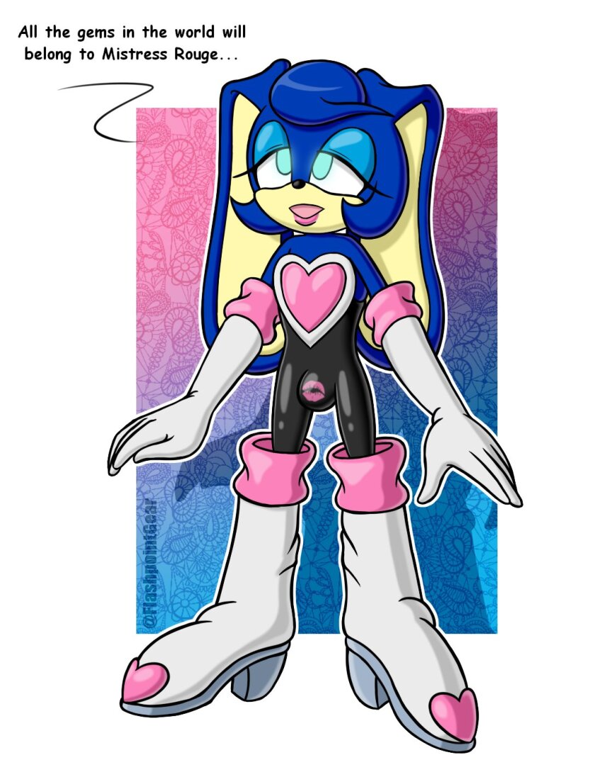 altered_common_sense alternate_costume animal_ears bimbofication bulge bunny_boy corruption dazed dialogue empty_eyes erection flash_the_rabbit_(flashpointgear) flashpointgear furry gloves glowing_eyes happy_trance heart high_heels latex lipstick male_only malesub open_mouth original rouge_the_bat rubber sonic_the_hedgehog_(series)