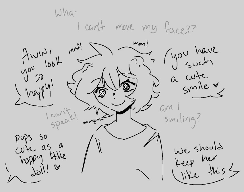 aware body_control clothed dialogue dog_ears dog_girl eyebrows_visible_through_hair femsub matraki original shirt short_hair simple_background sketch smile speech_bubble spiral_eyes symbol_in_eyes text thought_bubble