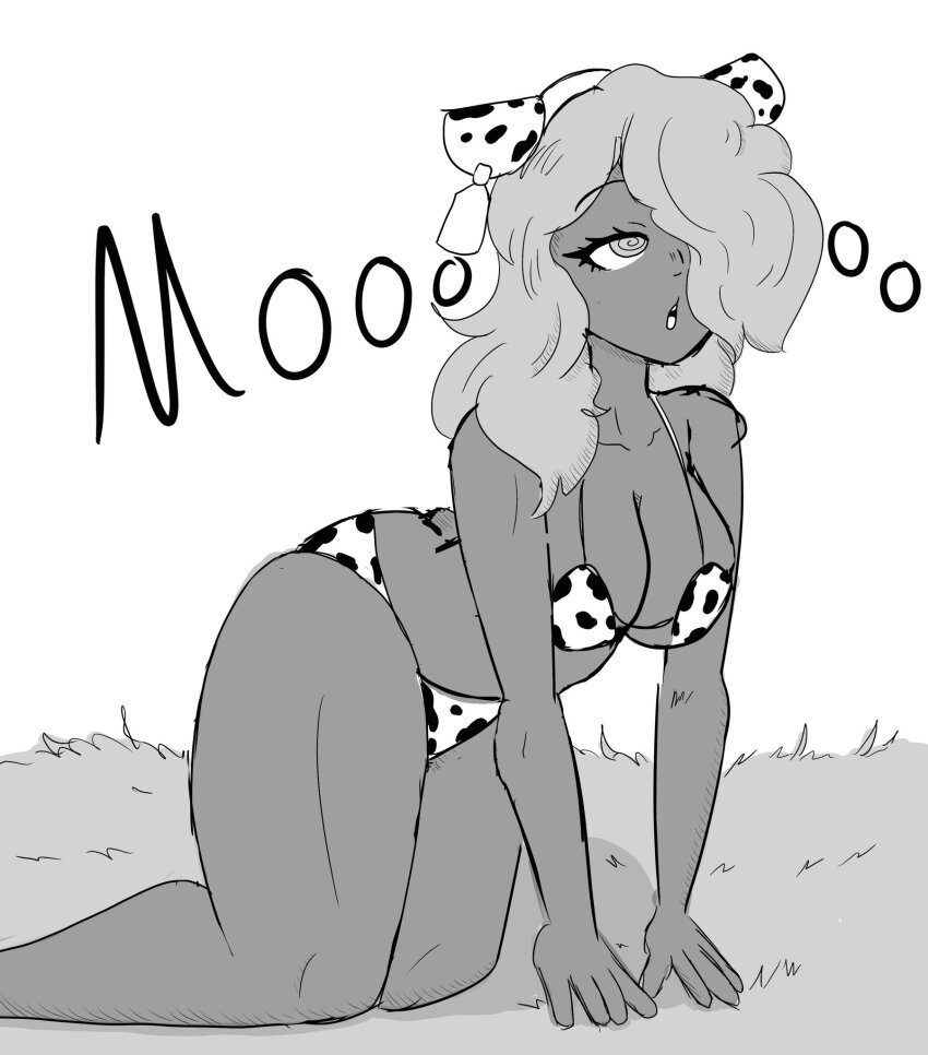 a_singular_fish all_fours bare_legs bra cleavage collarbone cow_girl cow_print dark_skin fake_animal_ears femsub greyscale hair_covering_one_eye heavy_eyelids long_hair monochrome navel open_mouth original outdoors panties spiral_eyes tagme text white_background