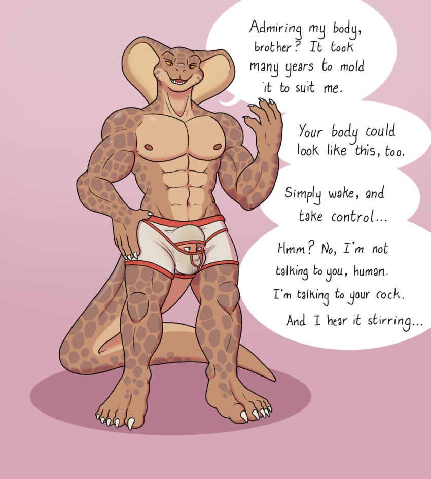 abs barefoot blueballs claws cum cum_in_mouth drool feet furry looking_at_viewer male_only male_pov maledom malesub muscle_boy original pov pov_sub scalie simple_background snake_boy standing story text topless underwear wet_clothes