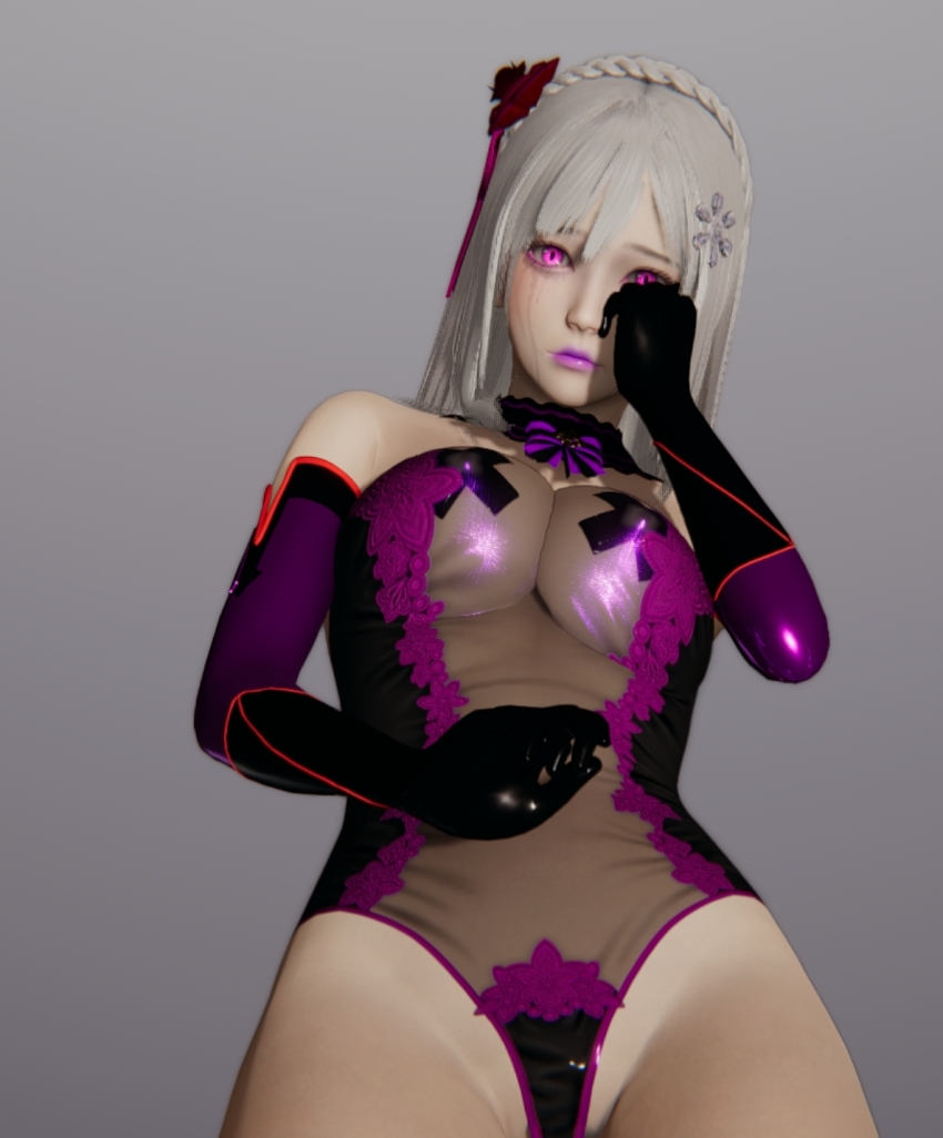 3d alternate_costume bare_shoulders bow bow_tie braid breasts clothed_exposure collar cross_pasties dogeee emilia_(re:zero) erect_nipples erect_nipples_under_clothes expressionless female_only femsub gloves grey_background hair_ornament honey_select_2 leotard lipstick long_hair looking_at_viewer navel opera_gloves pasties pink_eyes re:zero_starting_life_in_another_world see-through shy simple_background straight-cut_bangs tears unaware unhappy_trance white_hair