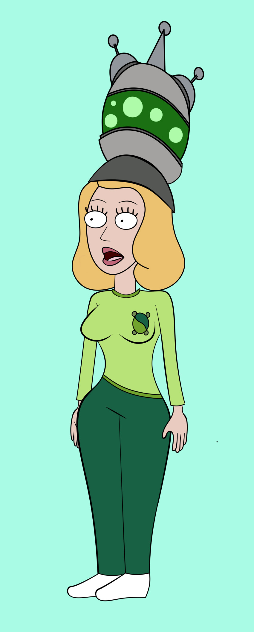 absurdres beth_smith blonde_hair blue_background clothed expressionless female_only femsub jimmy_neutron_(series) milf open_mouth rick_and_morty simple_background solo somnowalkerx standing standing_at_attention yolkian