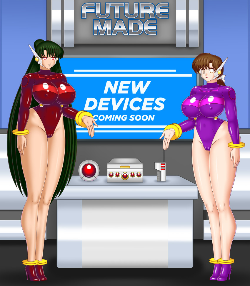 bluebullpen bodysuit boots bow brown_eyes brown_hair cameltoe crossover erect_nipples fembot femdom femsub glowing_eyes green_hair hair_ribbon happy_trance high_heels huge_breasts hypnotic_accessory kasumi_tendo leotard long_hair ranma_1/2 red_eyes robot_girl robotic_trance sailor_moon_(series) sailor_pluto single_hair_bun story tan_skin tech_control