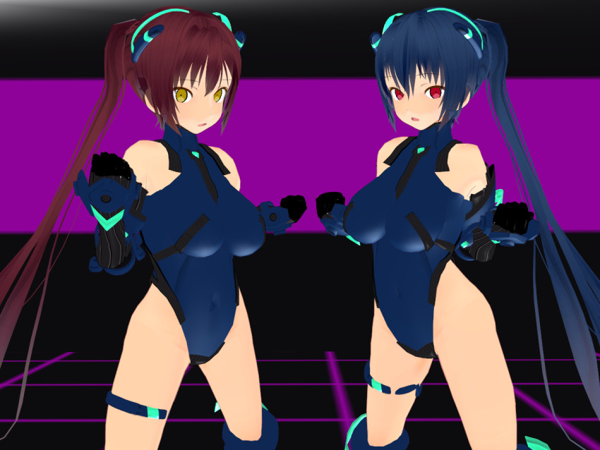 3d 3d_custom_girl alternate_color_scheme alternate_costume blue_eyes boots brown_hair empty_eyes expressionless female_only femsub gloves hair_ornament leotard looking_at_viewer multiple_girls multiple_subs nakashiro navel opera_gloves red_eyes side_ponytail sisters yellow_eyes