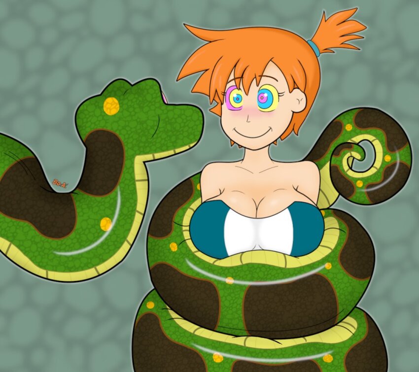 bare_shoulders blush bo_a_python_(kaafan33) breasts cleavage clothed coils collarbone femsub happy_trance kaa_eyes kaafan33 large_breasts misty nintendo orange_hair original pokemon pokemon_red_green_blue_and_yellow restrained short_hair side_ponytail simple_background smile snake