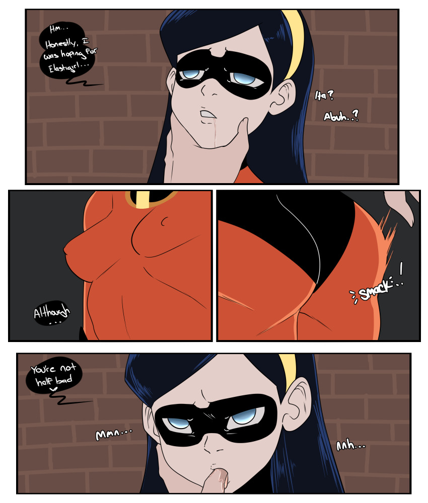 absurdres black_hair blue_eyes breasts comic dialogue disney drool empty_eyes expressionless femsub inuyuru long_hair maledom mask open_mouth spanking super_hero text the_incredibles violet_parr western