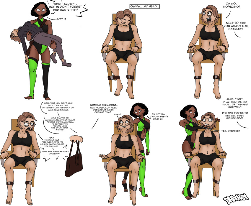 alternate_costume angry black_hair blonde_hair bra chair comic dark_skin dialogue femsub glasses gloves hypnotized_assistant leotard light_skin resisting restrained scared shrunken_irises swimsuit text thighhighs tragicsolitudedragon underwear uniform