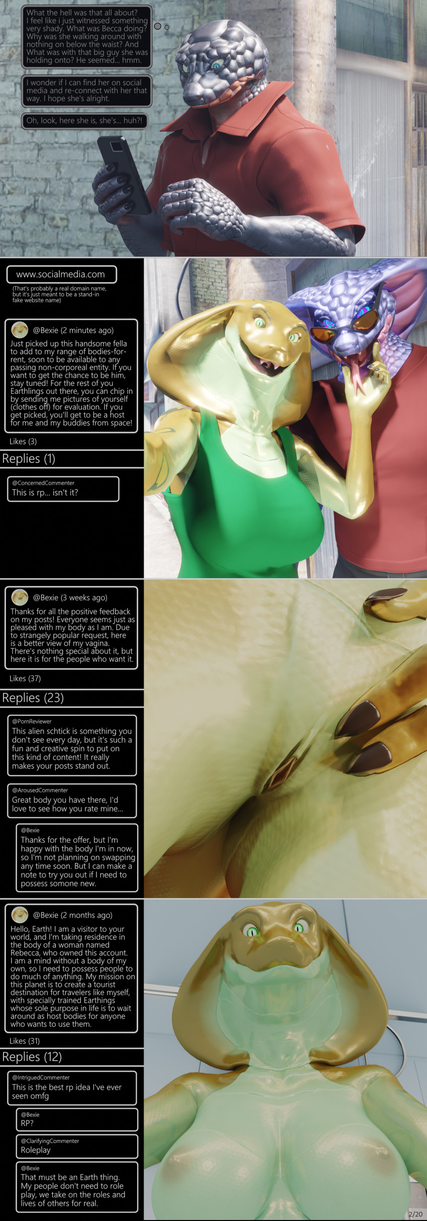 3d becca_(thalarynth) bragging femdom furry humor ian_(thalarynth) jules_(thalarynth) malesub original possessed_becca_(thalarynth) possession pussy scalie selfie spiral_eyes thalarynth_(manipper) thought_bubble user_interface webpage_layout