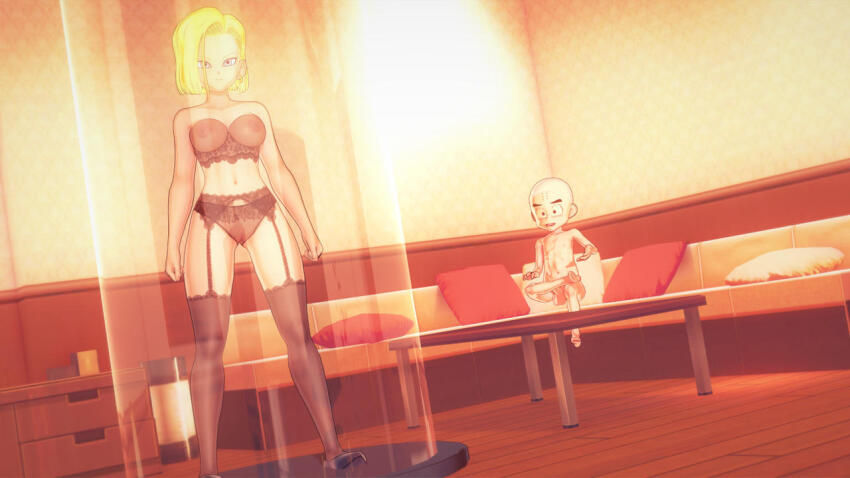3d android_18 bald blonde_hair bra couch dragon_ball dragon_ball_z expressionless femsub garter_belt garter_straps koikatsu! krillin large_breasts lingerie lovedeath39 maledom nipples nude panties pillow see-through standing_at_attention stasis_tank table thighhighs