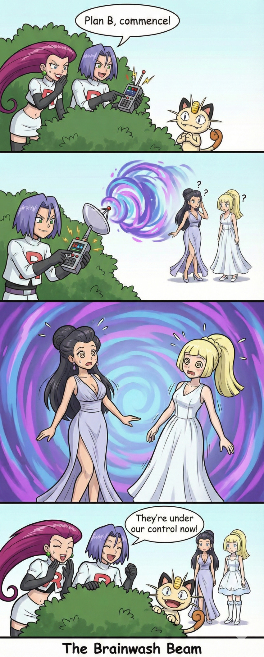 ai_art ash_ketchum dress hypnotic_eyes james jessie lillie_(pokemon) meowth nintendo pokemon pokemon_(anime) remote_control tagme team_rocket transformation transgender