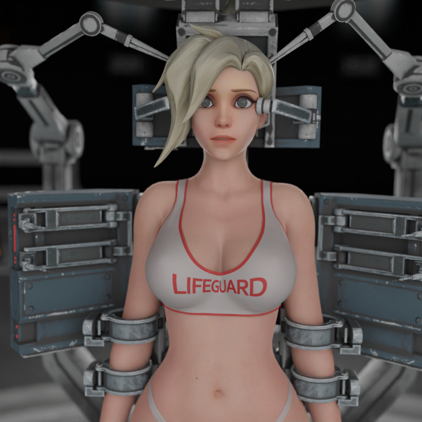 3d absurdres alternate_costume bare_shoulders bikini blonde_hair breasts cleavage collarbone cuffs dazed esccc expressionless female_only femsub huge_breasts indifferent mercy navel overwatch pov pov_dom short_hair solo spiral_eyes standing symbol_in_eyes tech_control text thong unaware wide_hips wufan870203