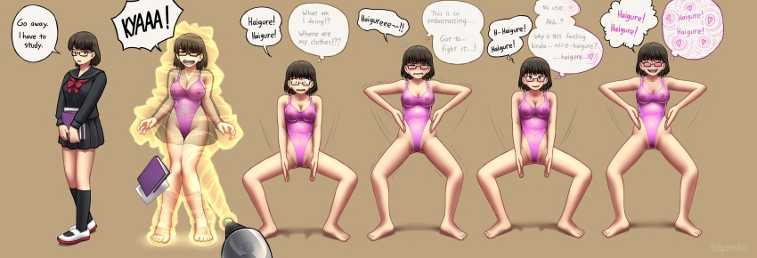 absurdres barefoot before_and_after blush breasts brown_hair cameltoe comic dialogue erect_nipples feet female_only femsub glasses gradient_text haigure happy_trance large_breasts leotard multiple_views original pussy_juice raygun resisting school_uniform short_hair sleepymaid text thought_bubble transformation