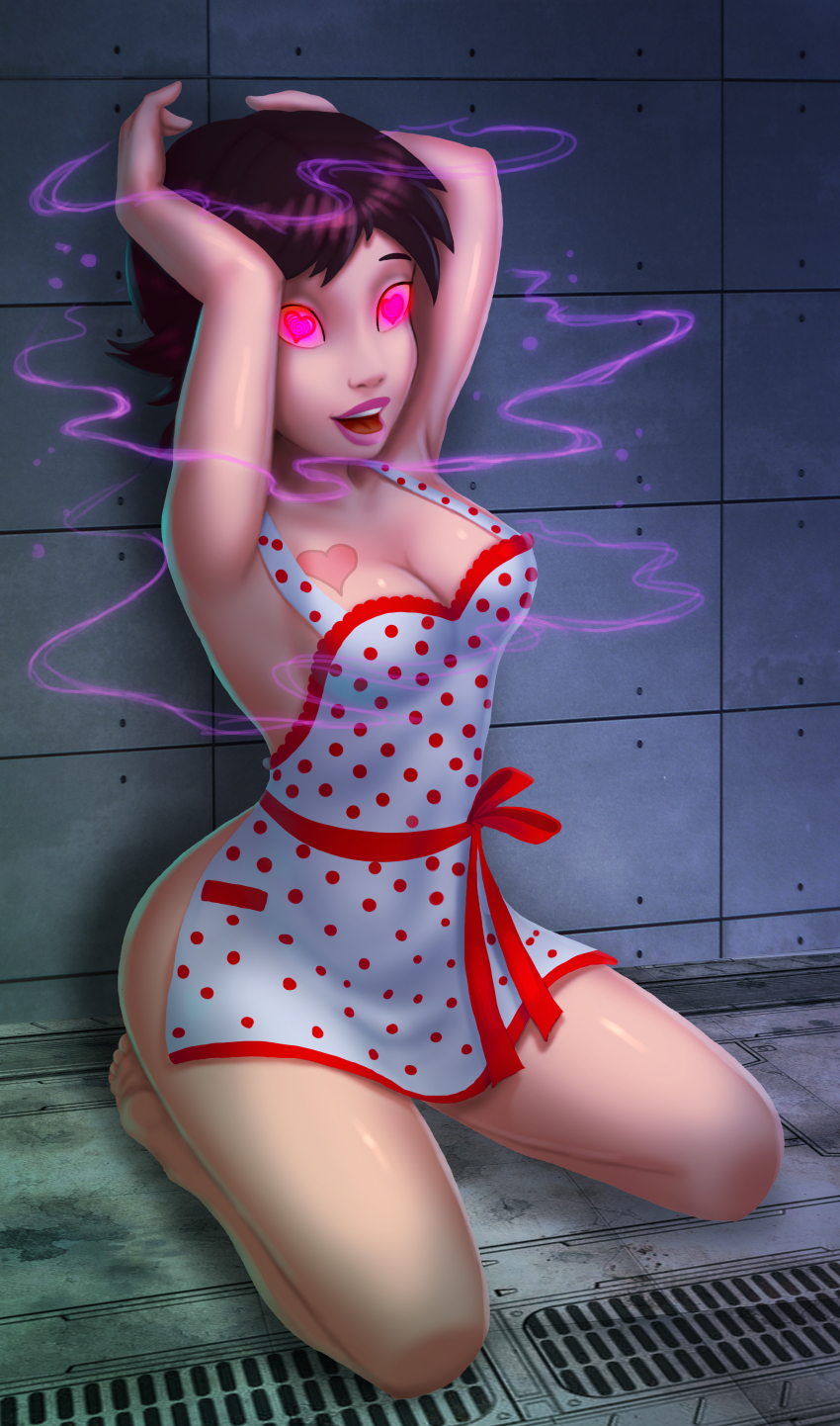 14-bis absurdres apron biker_mice_from_mars bottomless breasts brown_hair charley_davidson cleavage female_only femsub happy_trance heart heart_eyes kneeling large_breasts lipstick naked_apron nude short_hair spiral_eyes symbol_in_eyes topless valentine's_day