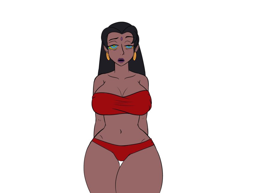 arms_behind_back bare_legs black_hair cleavage clothed collarbone dark_skin disney earrings female_only femsub heavy_eyelids kaa_eyes katsiika large_breasts large_hips loincloth long_hair navel open_mouth shanti's_mother simple_background sleepy solo standing the_jungle_book white_background