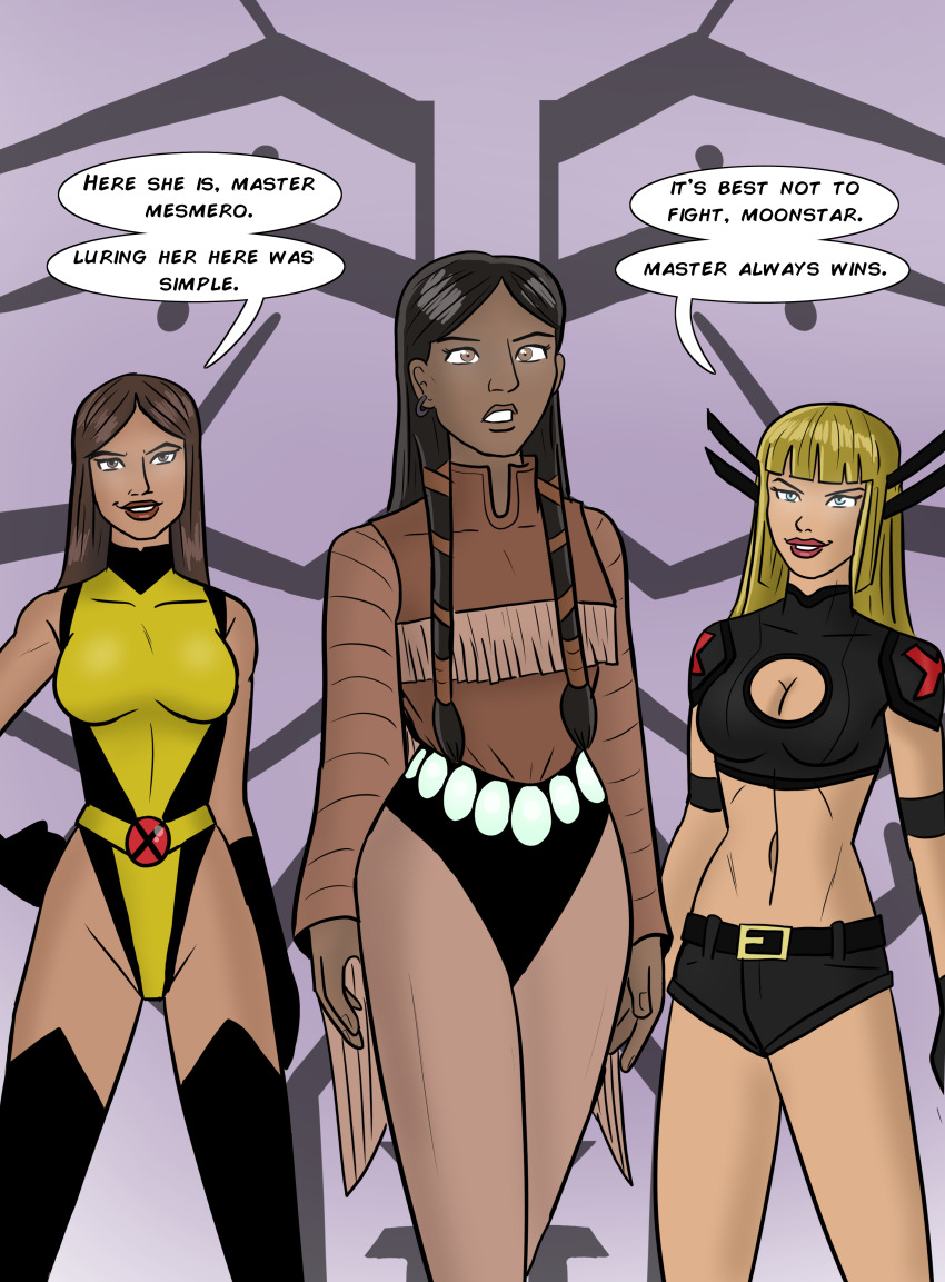 absurdres alternate_costume black_hair blonde_hair blue_eyes braid breasts brown_eyes brown_hair cleavage dani_moonstar dark_skin dialogue expressionless female_only femsub gloves happy_trance large_breasts long_hair magik magma maledom marvel_comics mesmero midriff multiple_girls multiple_subs pantyhose polmanning smile standing standing_at_attention super_hero text thighhighs x-men