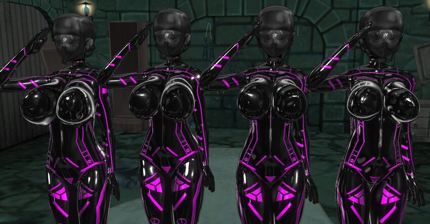 3d bodysuit bondage breasts custom_maid_3d_2 cyber-sexaroid_(dndniwana3s) drone female_only femsub helmet hidoi_koto_suru_man huge_breasts large_breasts latex mask multiple_girls multiple_subs rubber saluting standing standing_at_attention tight_clothing