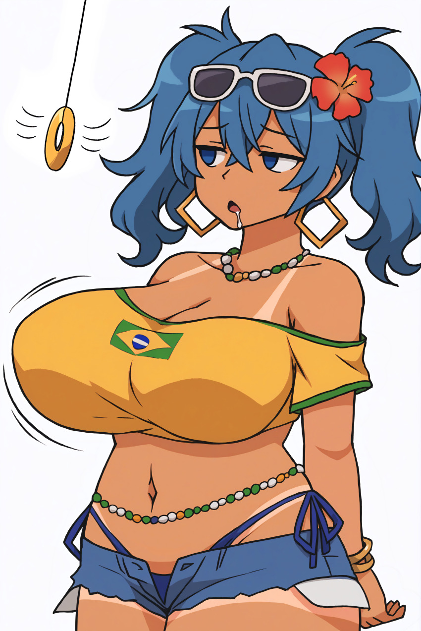 ai_art blue_eyes blue_hair bracelet brazilian_miku cleavage collarbone drool earrings empty_eyes expressionless female_only femsub huge_breasts jewelry midriff miku_hatsune minimimic_(generator) minimimic_(manipper) navel necklace open_mouth pendulum shirt short_hair short_shorts stable_diffusion_(ai) tan_lines tan_skin twintails vocaloid white_background