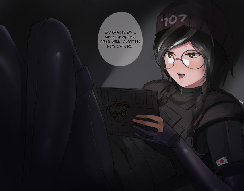 armor black_hair braid brown_eyes dokkaebi drool english_text eroborne female_only femsub glasses gloves hat hypnotic_screen legs long_hair lying open_mouth signature simple_background solo speech_bubble tech_control text thighs tom_clancy's_rainbow_six_siege tongue twin_braids