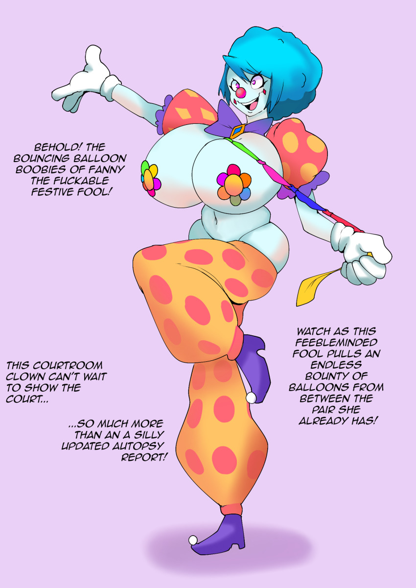 ace_attorney afro blue_eyes bow clown clown_girl clownification dialogue faetomi female_only femsub franziska_von_karma happy_trance large_breasts pink_eyes text transformation