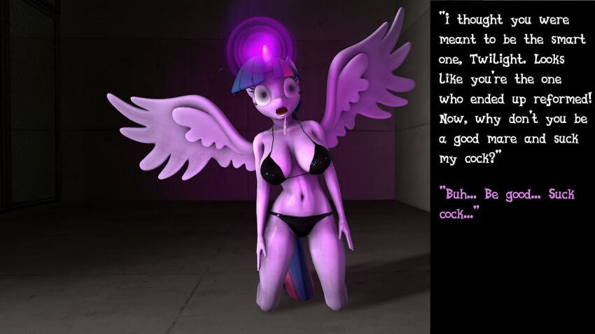 3d bare_legs before_and_after bra caption cuddlycarlos dialogue drool female_only femsub furry glowing glowing_eyes horns horse_girl kneeling magic maledom manip my_little_pony navel open_mouth panties purple_hair purple_skin solo straight-cut_bangs tail text turning_the_tables twilight_sparkle underwear unicorn_girl wings