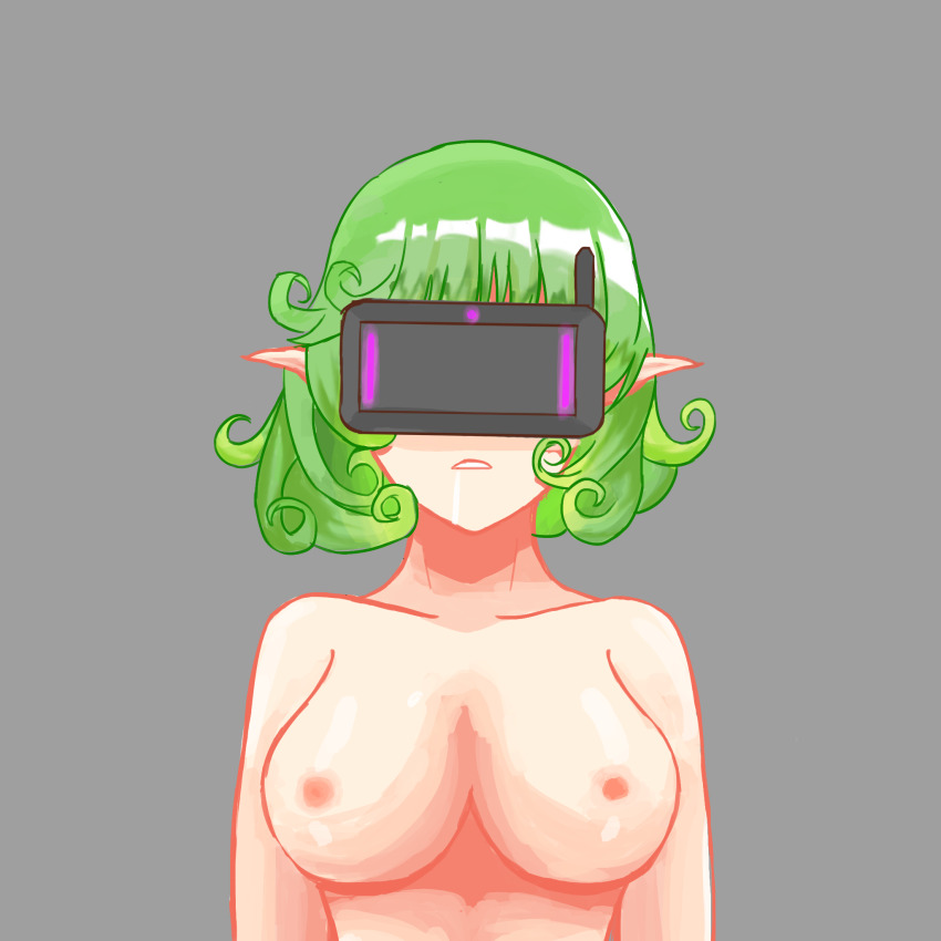 blush bottomless breasts drool elf elf_ears expressionless female_only femsub green_hair helen_(spiral_clicker) hypnotic_accessory mask nude original solo spiral_clicker topless z-tech_(zko) zires