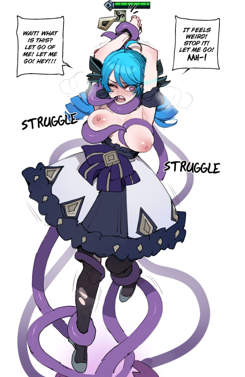 angry arms_above_head bondage breasts corruption english_text female_only femsub gameplay_mechanics gwen_(league_of_legends) league_of_legends ratatatat74 resisting speech_bubble tagme tentacles text