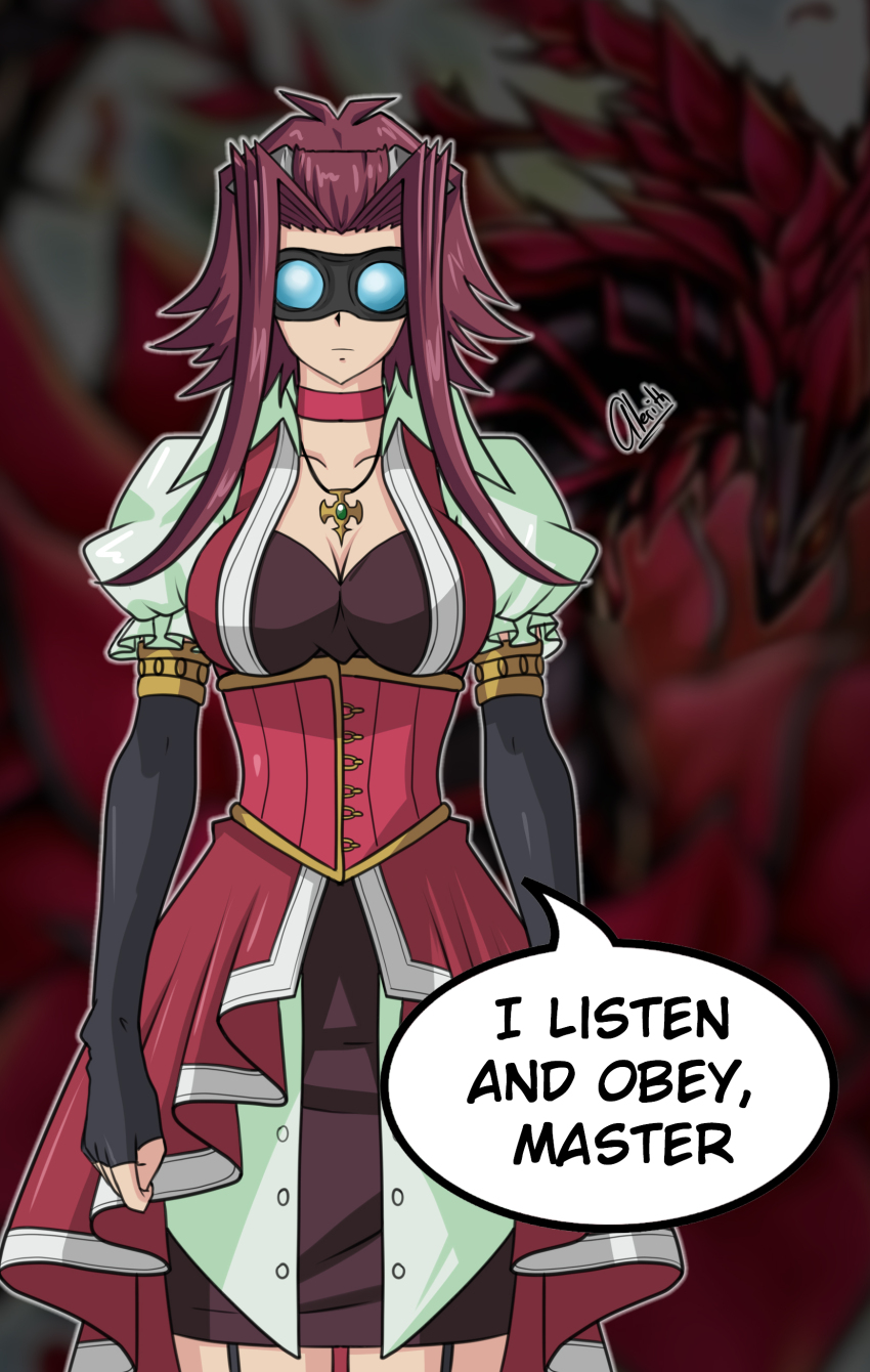 akiza_izinski alerith expressionless femsub goggles looking_at_viewer red_hair standing_at_attention text yu-gi-oh! yu-gi-oh!_5d's