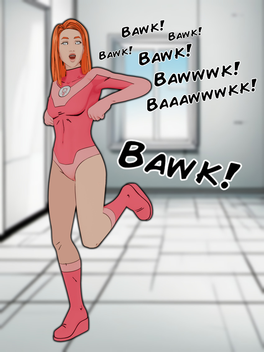 atom_eve chicken_pose femsub hypnotized_hypnotist invincible orange_hair saltygauntlet self_hypnosis spiral_eyes super_hero text tight_clothing