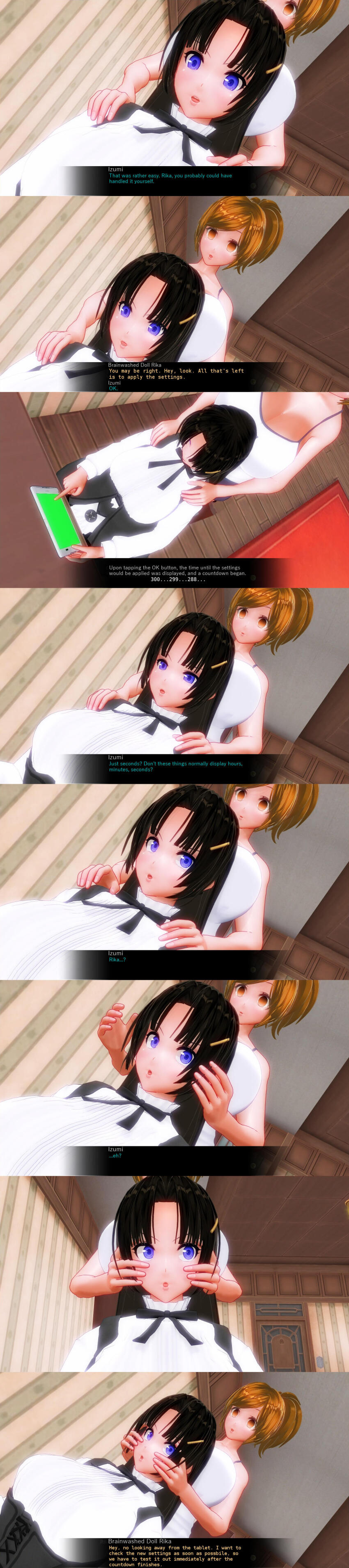 3d absurdres betrayal breasts comic custom_maid_3d_2 empty_eyes femsub hard_translated hypnotized_hypnotist izumi_(made_to_order) kamen_writer_mc large_breasts rika_(made_to_order) tech_control text translated
