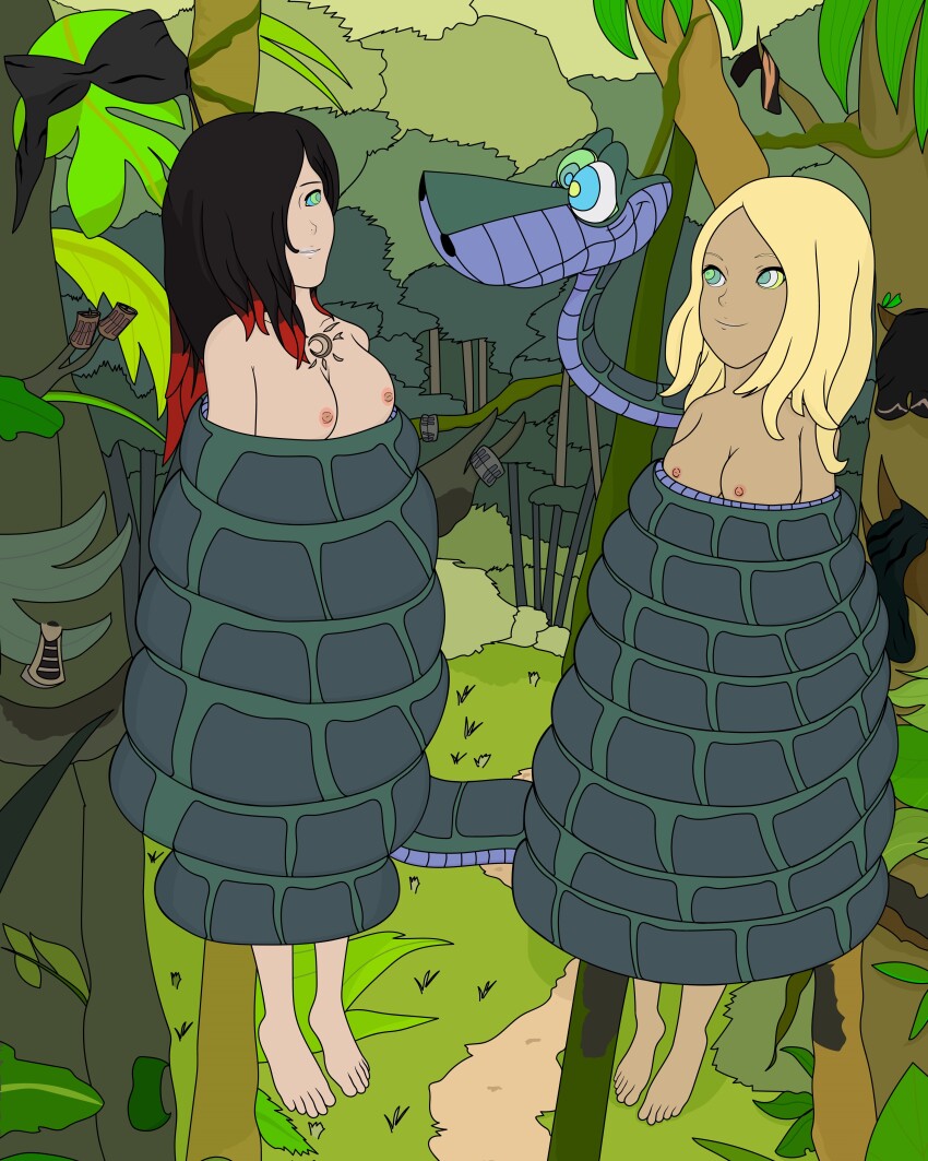 absurdres bare_breasts bare_legs bare_shoulders barefoot black_hair blonde_hair bondage cleavage coils crossover disney femsub gravity_rush hanging_down happy_trance kaa kaa_eyes kat_(gravity_rush) large_breasts long_hair maledom multicolored_hair nude outdoors raven_(gravity_rush) red_hair restrained rubio515 smile snake the_jungle_book trees