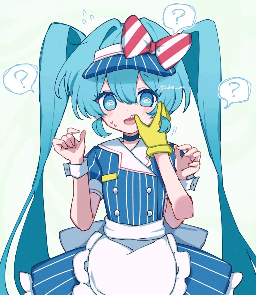 blue_hair bow confused femsub finger_in_mouth hand_on_another's_cheek miku_hatsune open_mouth phantom_hand pov pov_dom solo speech_bubble spiral_eyes suke_wu symbol_in_eyes twintails very_long_hair visor vocaloid