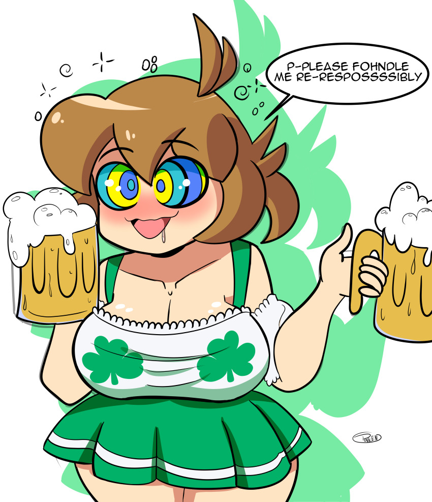 absurdres breasts brown_hair dress female_only happy_trance kaa_eyes large_breasts mighty_switch_force open_mouth patricia_wagon penken st._patrick's_day text
