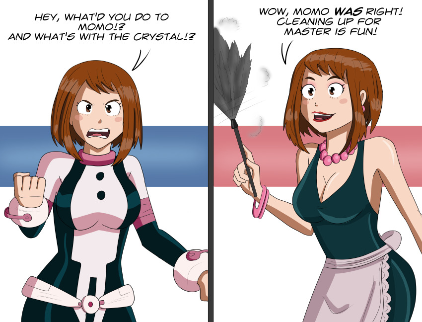 absurdres apron before_and_after blush brown_hair crystal domestication english_text female_only femsub happy_trance housewife my_hero_academia necklace ochaco_uraraka pendulum polmanning short_hair stepfordization text western