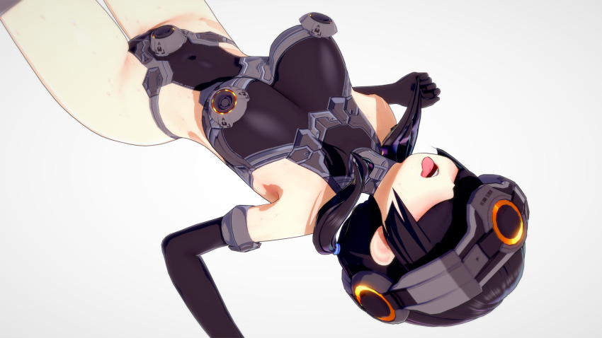 3d armpits bare_shoulders black_hair blindfold blush breasts corruption female_only femsub gloves helmet koikatsu! large_breasts leotard on_back open_mouth pasties sakuragi_yu simple_background solo sweat tech_control tongue tongue_out twintails white_background