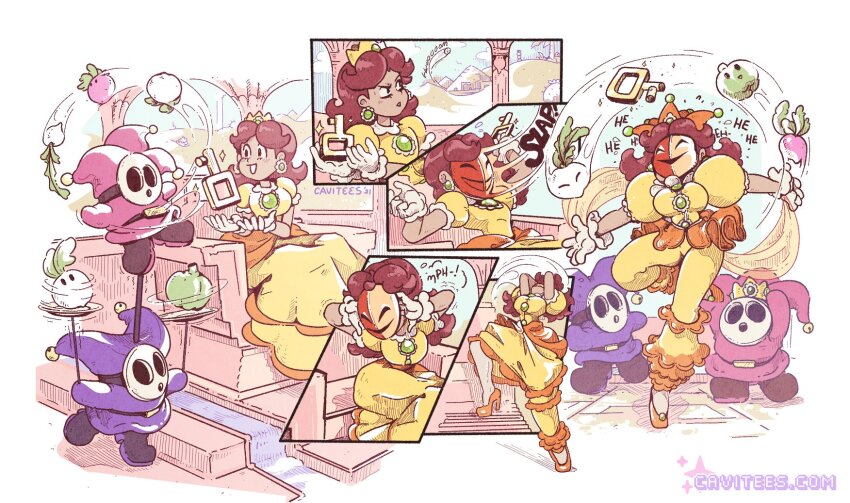 before_and_after brown_hair cavitees corruption crown dress femsub gloves high_heels hypnotic_accessory jester juggling long_hair mask nintendo princess princess_daisy red_hair resisting shyguy signature sitting standing super_mario_bros. text transformation white_background