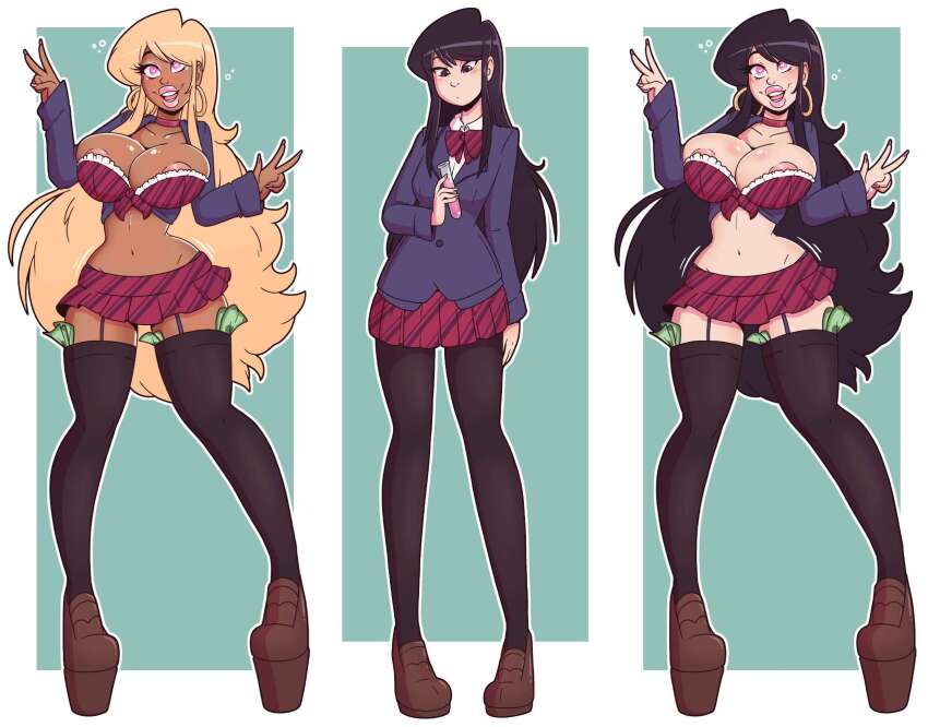 absurdres alternate_color_scheme ass before_and_after bimbofication black_hair blonde_hair brain_drain breast_expansion breasts choker dark_skin double_v garter_straps happy_trance heart_eyes hypnotic_drink komi_can't_communicate komi_shouko large_ass large_breasts large_hips large_lips midriff navel pink_eyes potion prostitution school_uniform symbol_in_eyes thick_thighs thighhighs transformation v w_arms wrenzephyr2