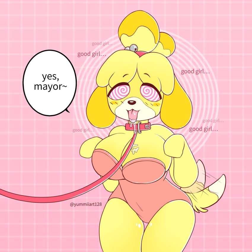 animal_crossing blush bunnysuit cleavage collar dialogue dog_girl drool eyebrows_visible_through_hair female_only femsub furry good_sub_conditioning hair_ornament isabelle_(animal_crossing) leash nintendo pet_play pink_eyes speech_bubble spiral spiral_background spiral_eyes tail text tied_hair tongue tongue_out yumiiart