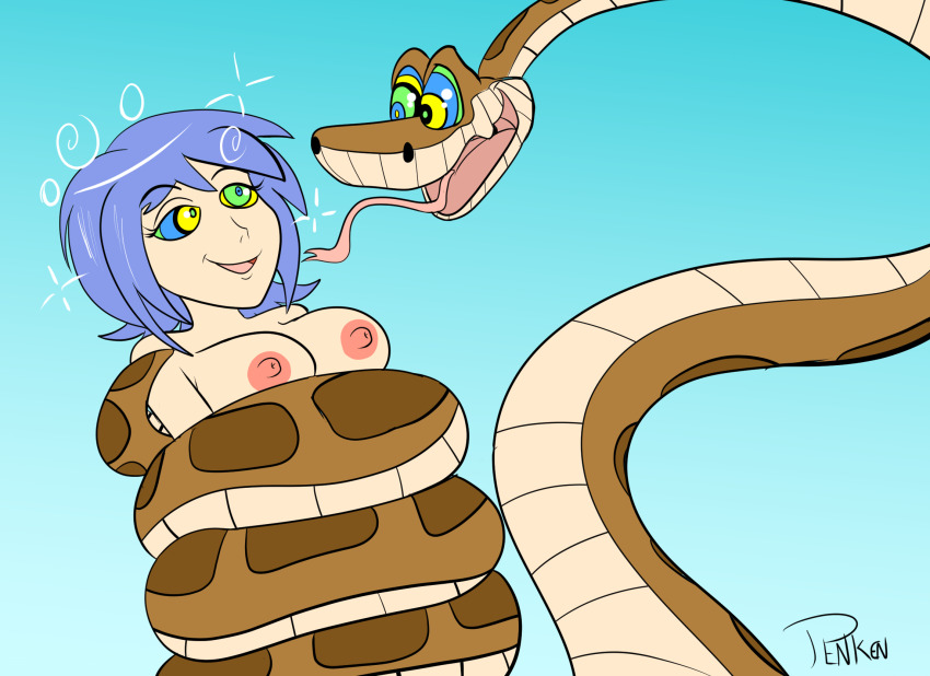 aqua_(kingdom_hearts) blue_hair bottomless breasts coils disney erect_nipples femsub happy_trance hypnotic_eyes kaa kaa_eyes kingdom_hearts large_breasts maledom nipples nude open_mouth p.chronos penken short_hair simple_background smile snake the_jungle_book tongue tongue_out topless