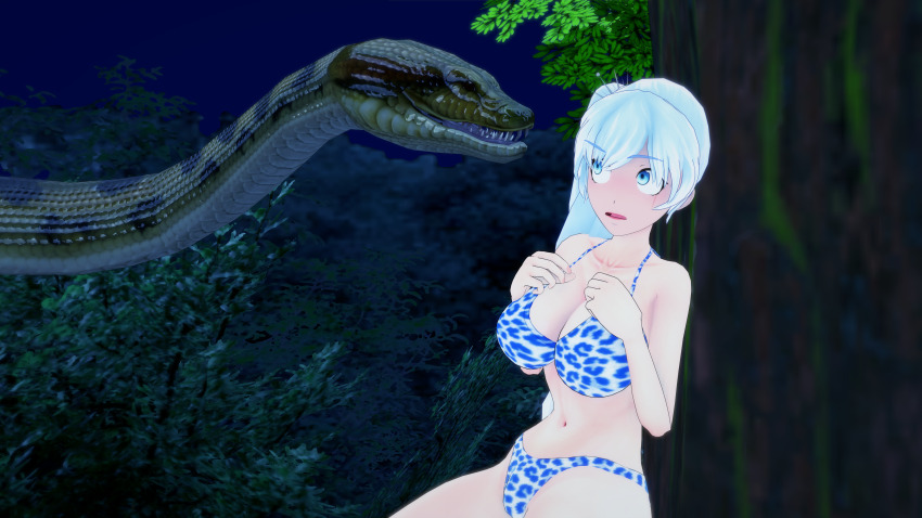 3d bikini blue_eyes breasts disney kaa large_breasts leopard_print lipstick long_hair makeup mmd mrkoiru outdoors pale_skin ponytail rwby sitting snake surprised the_jungle_book trees weiss_schnee white_hair