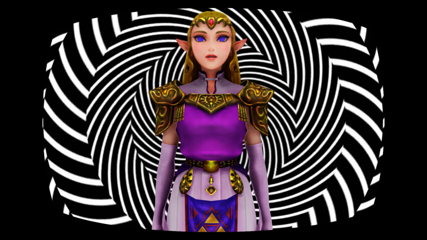 3d biliocho blonde_hair crown elf_ears empty_eyes expressionless female_only gloves jewelry nintendo ocarina_of_time open_mouth opera_gloves princess princess_zelda purple_eyes spiral standing standing_at_attention the_legend_of_zelda