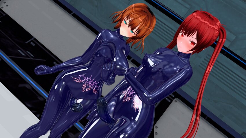 3d blue_eyes blush bodysuit breasts brown_hair crotch_tattoo custom_maid_3d_2 cyan_eyes erect_nipples erect_nipples_under_clothes futa_only futanari futasub large_breasts large_penis latex looking_at_viewer multiple_girls multiple_subs open_mouth red_eyes red_hair remilinlin rubber short_hair shy standing tight_clothing twintails