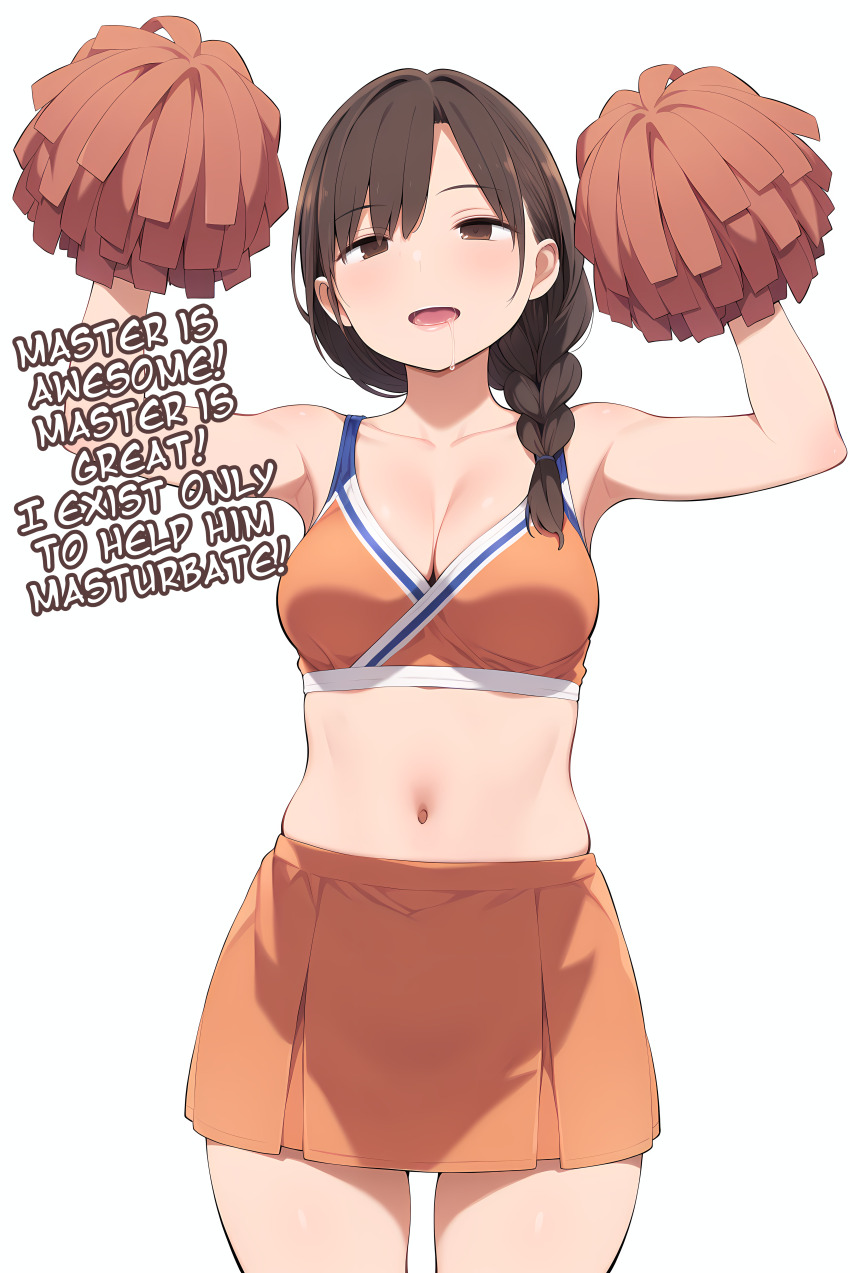 ai_art arms_above_head braid breasts brown_eyes brown_hair cheerleader cleavage collarbone drool empty_eyes female_only femsub happy_trance large_breasts looking_at_viewer maledom midriff milf minimimic_(generator) minimimic_(manipper) navel open_mouth simple_background skirt stable_diffusion_(ai) text white_background